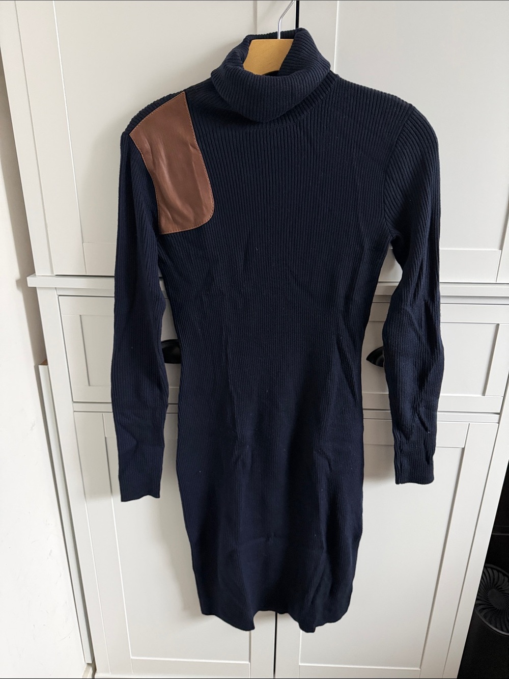 Ralph Lauren long sleeve navy knit dress with leather shoulder and elbow patches